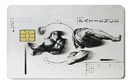 Overpowered Atlas metal card by Gold Wraps, stainless steel with patience design